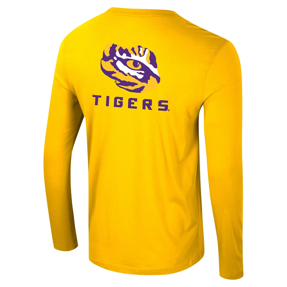 Men's Colosseum Gold LSU Tigers Logo Lockup 3-Hit Active Blend Long Sleeve T-Shirt