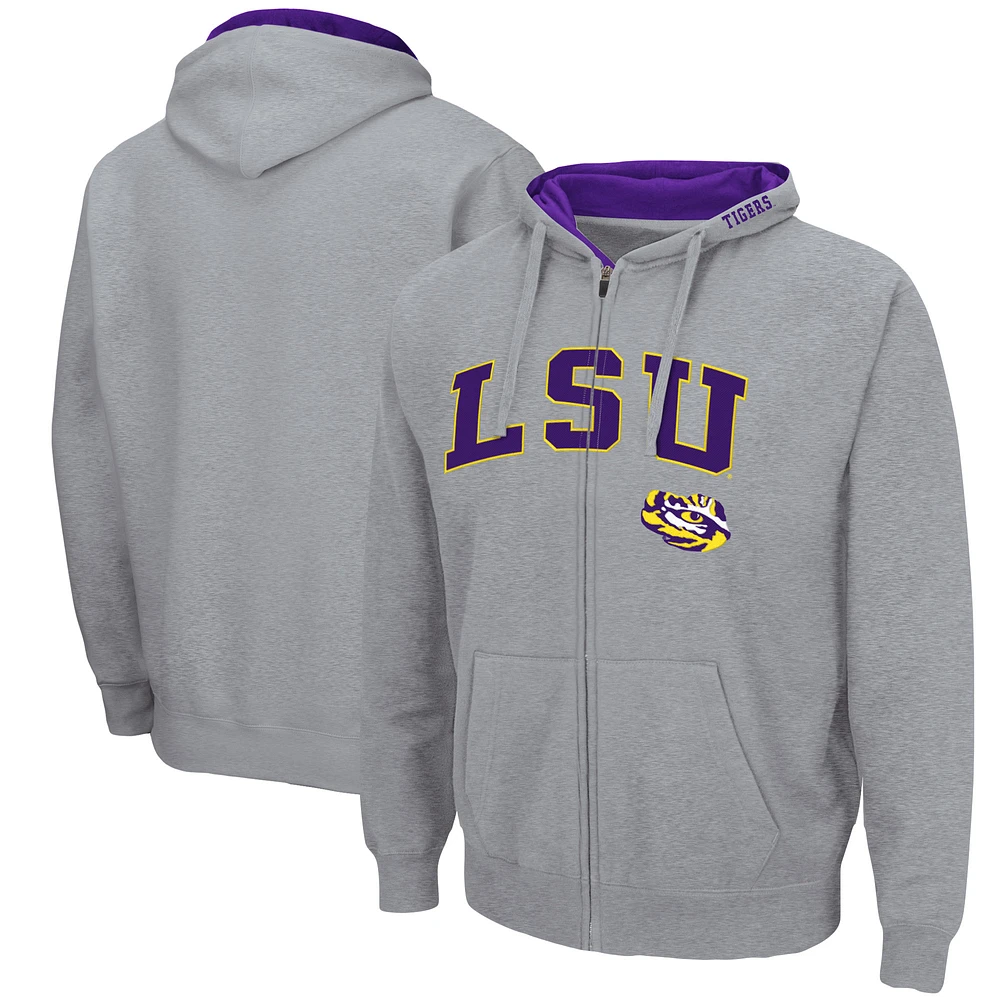 Men's Colosseum Heathered Gray LSU Tigers Arch & Logo 3.0 Full-Zip Hoodie