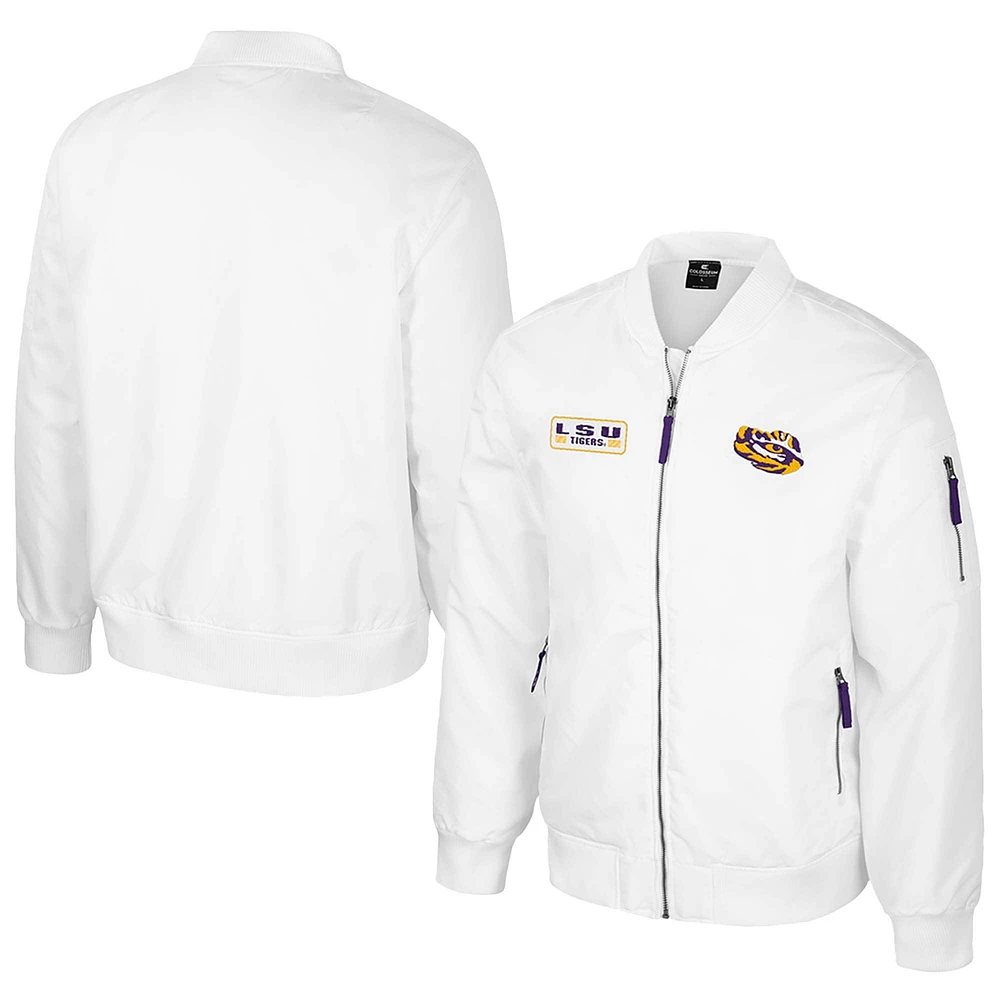 Men's Colosseum LSU Tigers White Rabbit Full-Zip Bomber Jacket