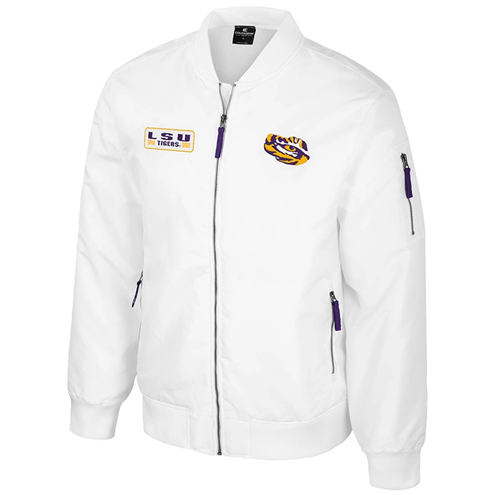 Men's Colosseum LSU Tigers White Rabbit Full-Zip Bomber Jacket