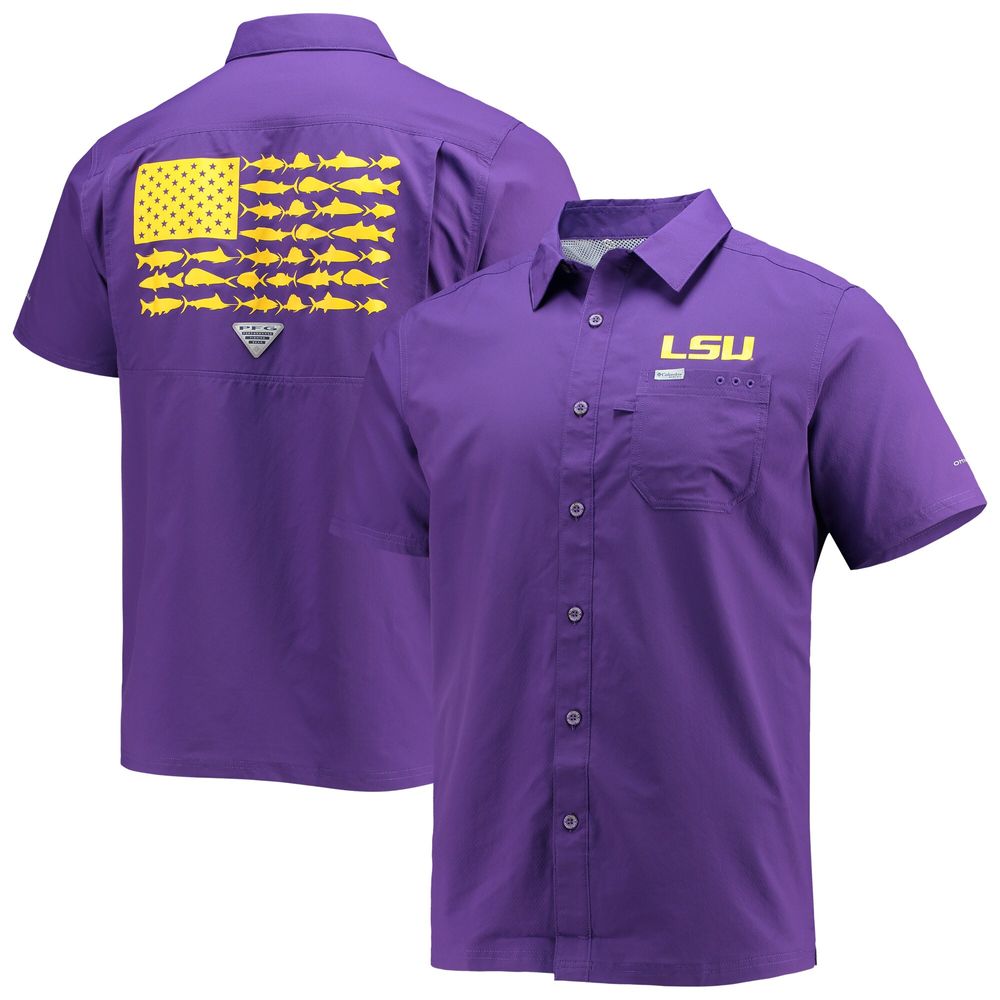 Men's Columbia PFG Purple LSU Tigers Slack Tide Camp Button-Up Shirt