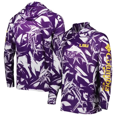 LSU Tigers Columbia Super Terminal Tackle Omni-Shade Raglan Long Sleeve Hoodie T-Shirt - Purple/White