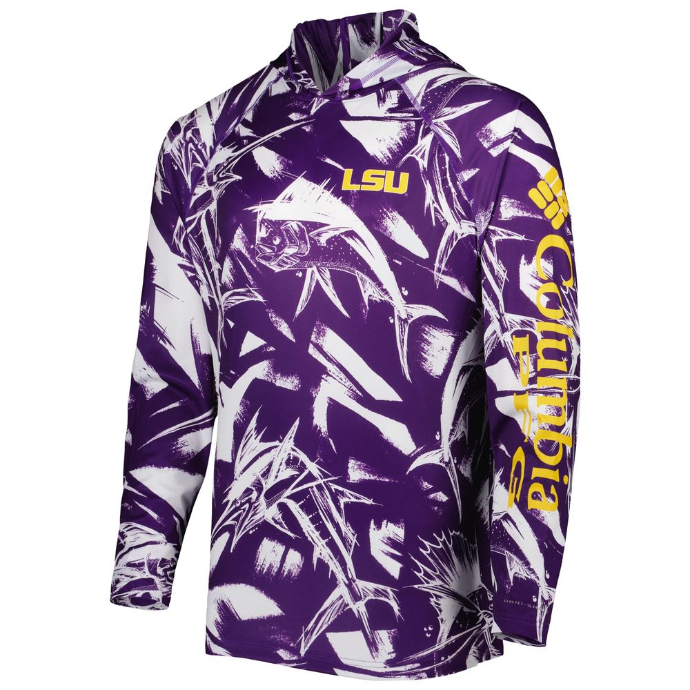 Men's Columbia Purple/White LSU Tigers Super Terminal Tackle Omni-Shade Raglan Long Sleeve Hoodie T-Shirt