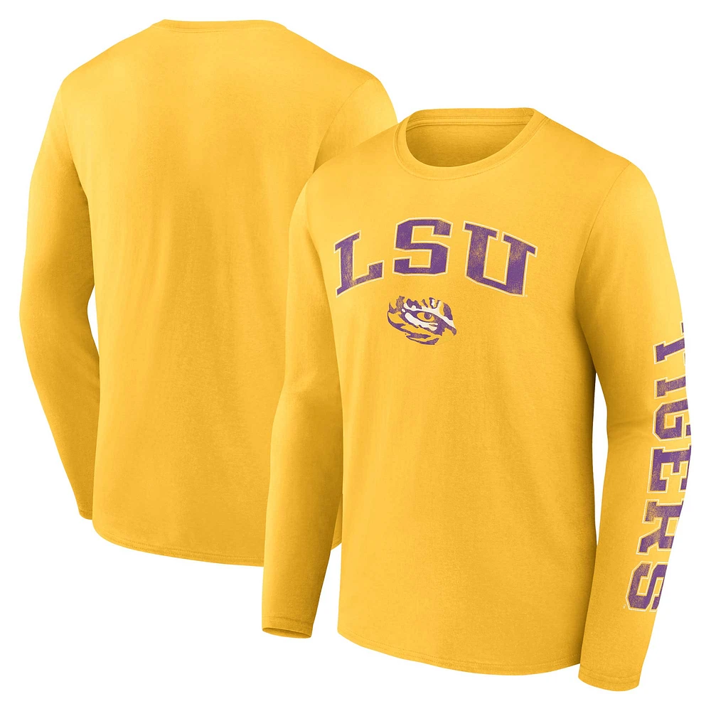 Men's Fanatics Gold LSU Tigers Distressed Arch Over Logo Long Sleeve T-Shirt