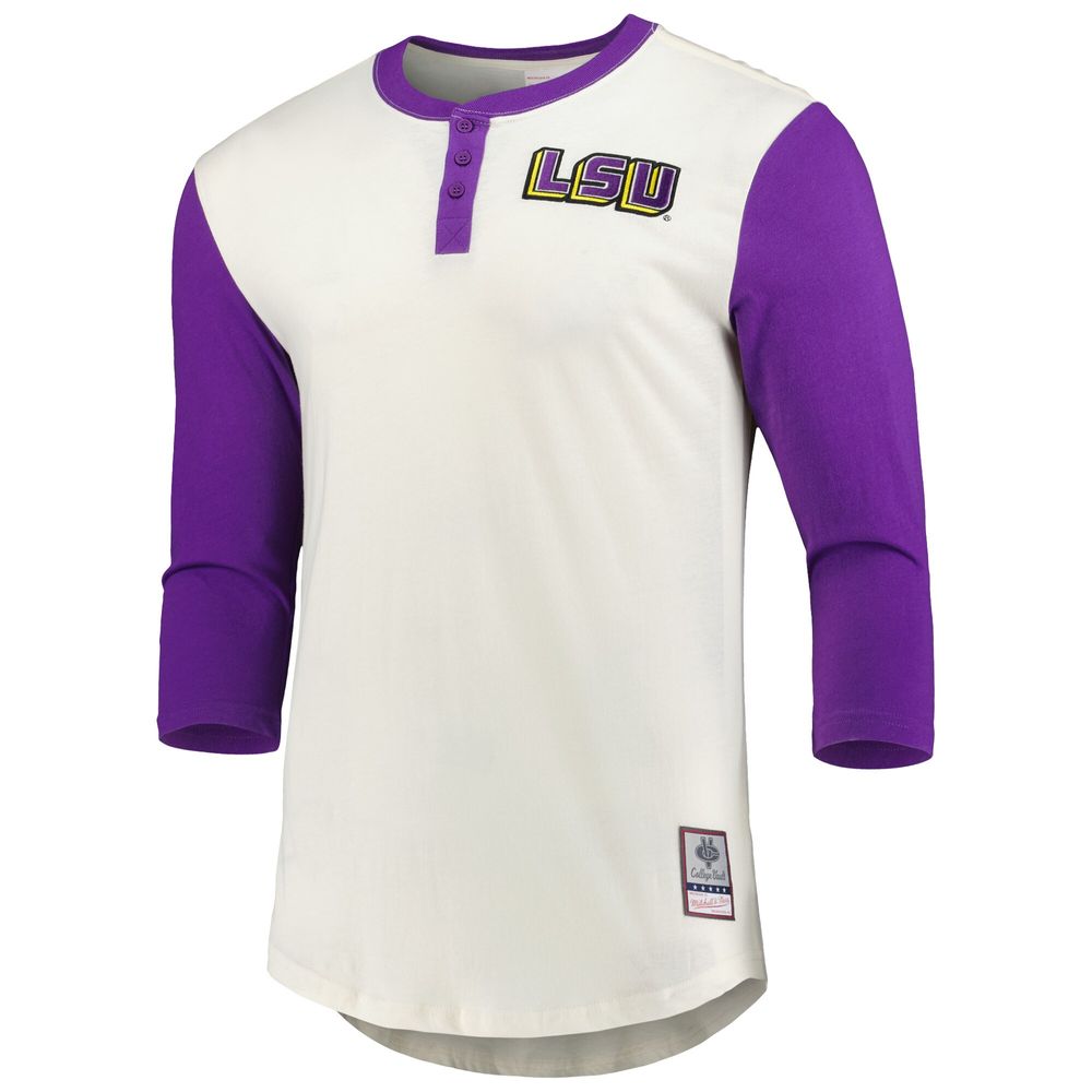 Men's Mitchell & Ness Cream/Purple LSU Tigers Icon Raglan Henley 3/4 Sleeve T-Shirt