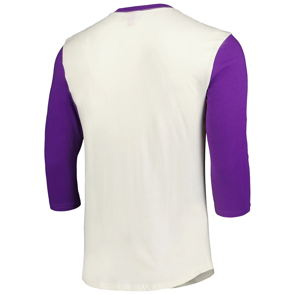 T-shirt à manches 3/4 pour hommes Mitchell & Ness crème/violet LSU Tigers Icon Raglan Henley