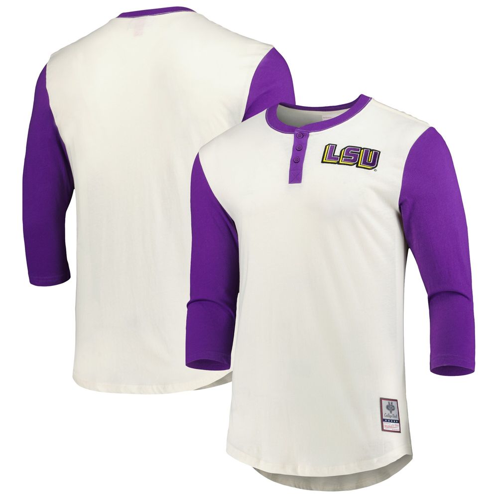 Men's Mitchell & Ness Cream/Purple LSU Tigers Icon Raglan Henley 3/4 Sleeve T-Shirt