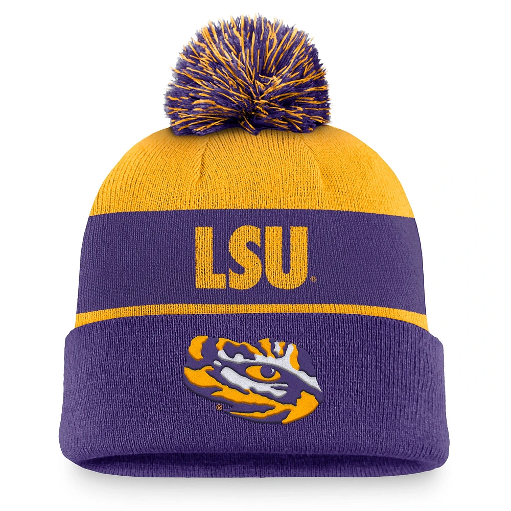 Bonnet en tricot à revers Nike LSU Tigers Primetime Peak pour homme, jaune/violet, avec pompon