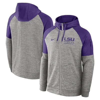 Sweat à capuche Nike LSU Tigers Fitness Raglan Performance entièrement zippé pour homme, gris chiné