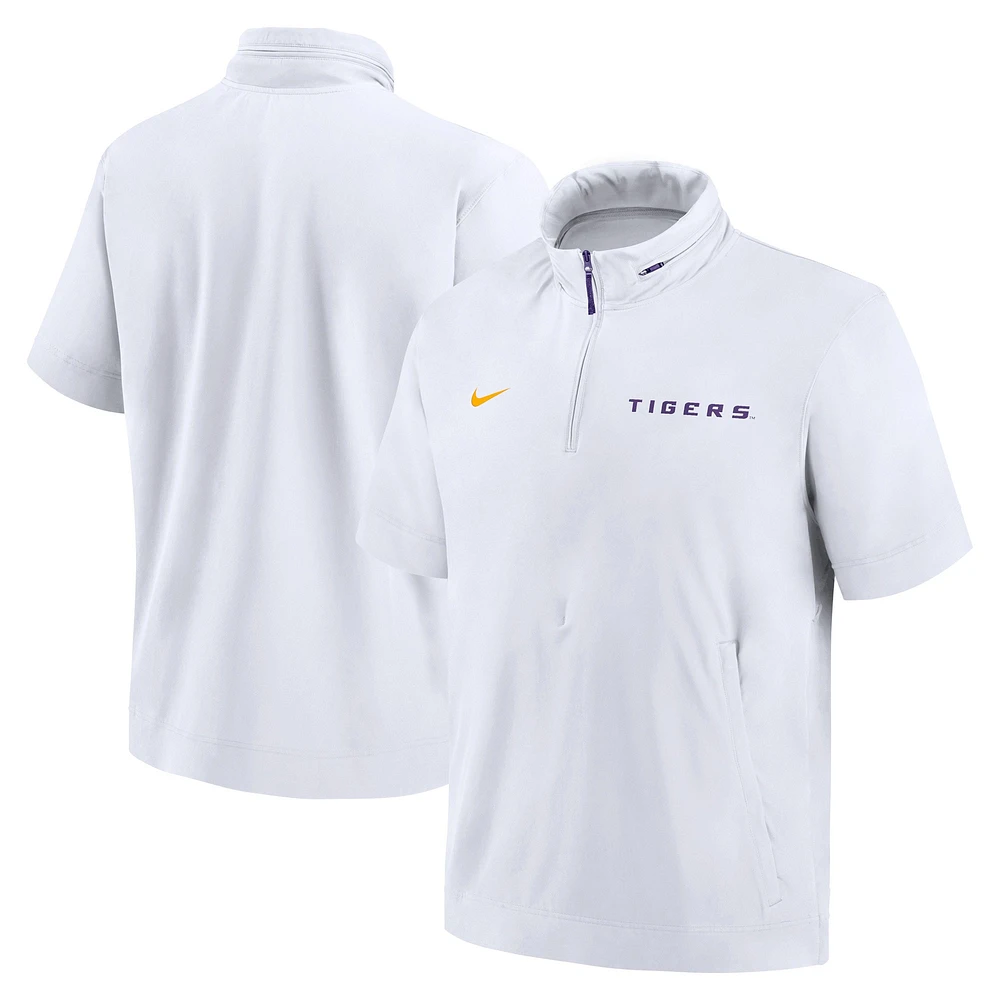 Men's Nike White LSU Tigers 2024 Sideline Coach Short Sleeve Half-Zip Hoodie Jacket