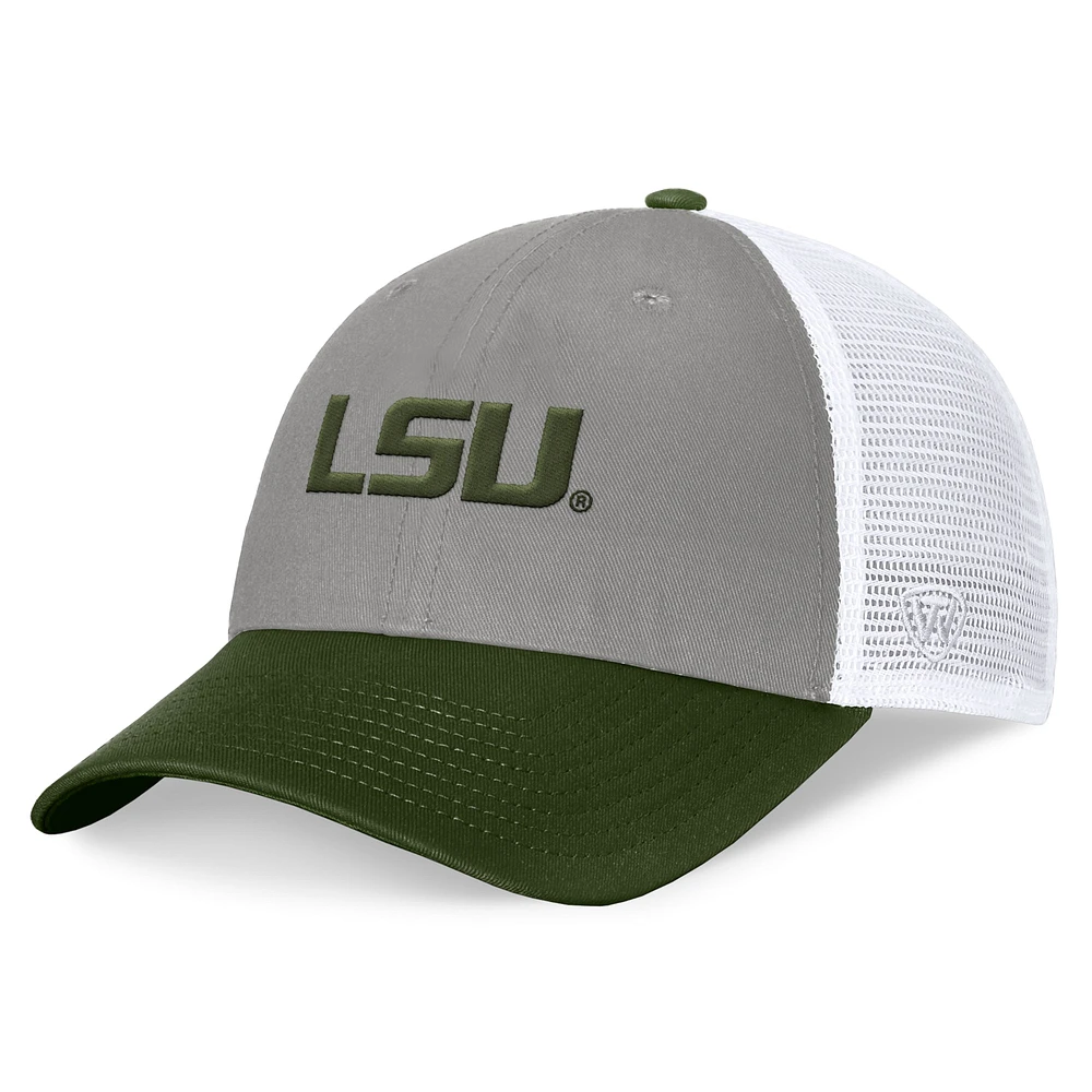 Men's Top of the World Gray/Green LSU Tigers OHT Military Appreciation Badge Trucker Adjustable Hat