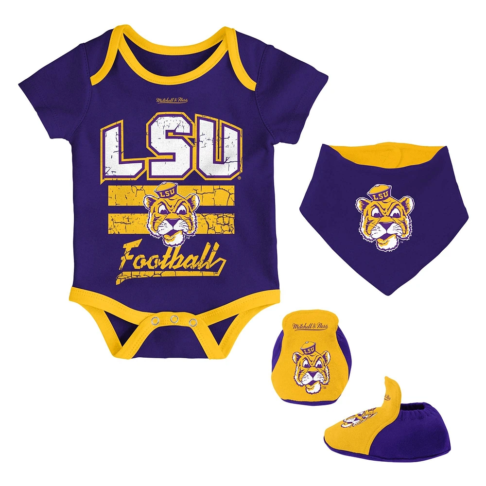 Newborn & Infant Mitchell Ness Purple LSU Tigers 3-Pack Bodysuit, Bib and Bootie Set