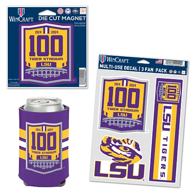 WinCraft LSU Tigers 100 Years Tiger Stadium Refroidisseur de canettes, aimant et ensemble de trois autocollants pour fans