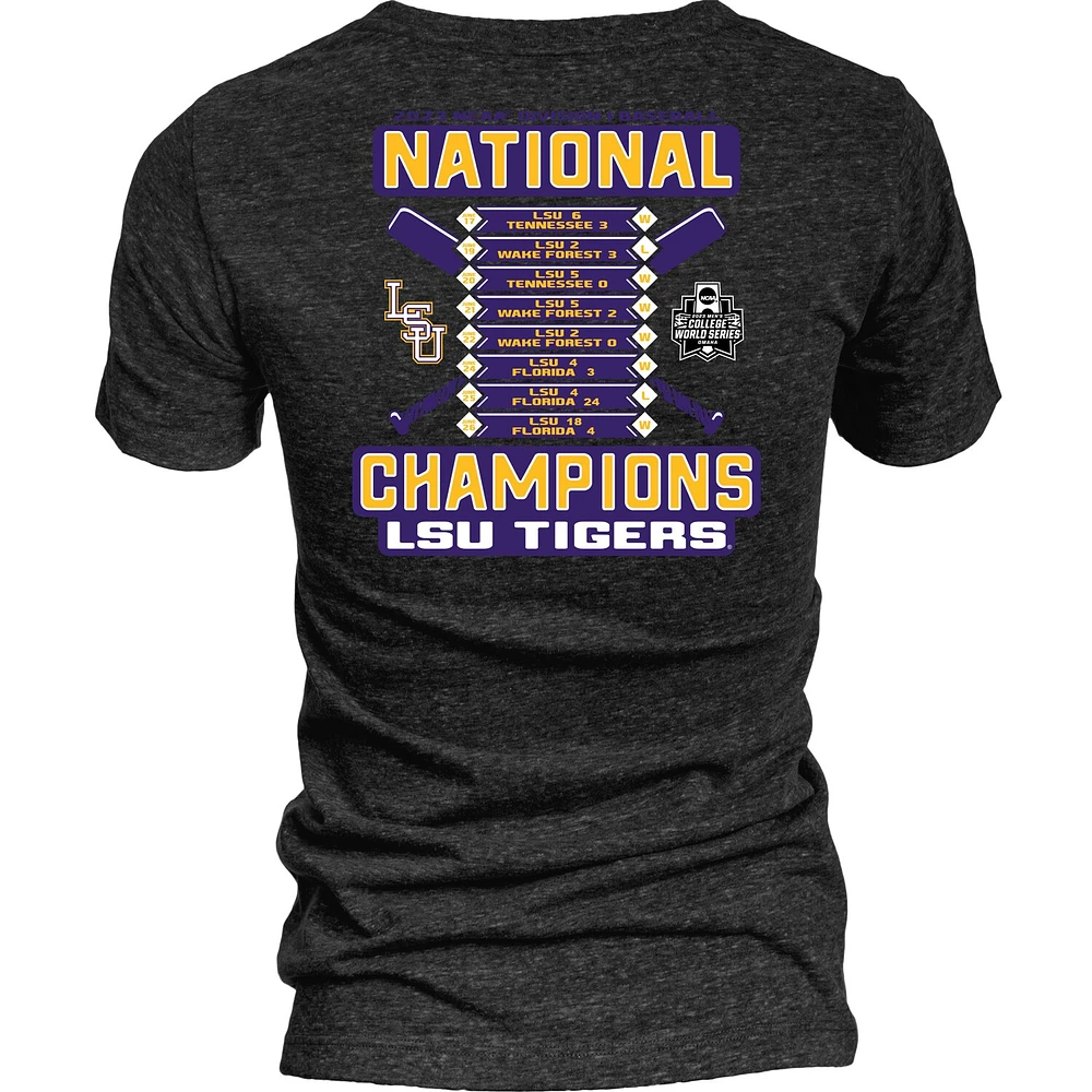 Blue 84 Black LSU Tigers 2023 NCAA Hommes Baseball College World Series Champions Schedule T-shirt à encolure en V triple mélange pour femmes