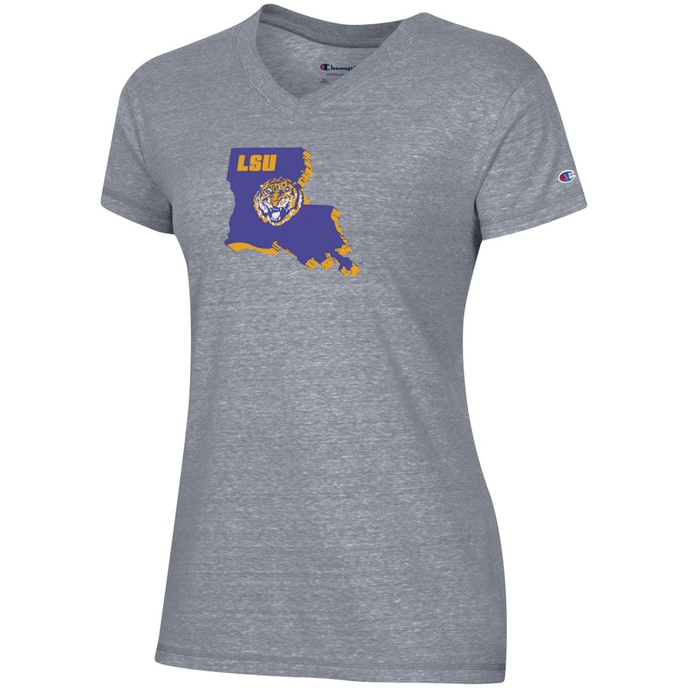 Women's Champion Gray LSU Tigers Vault Logo V-Neck T-Shirt