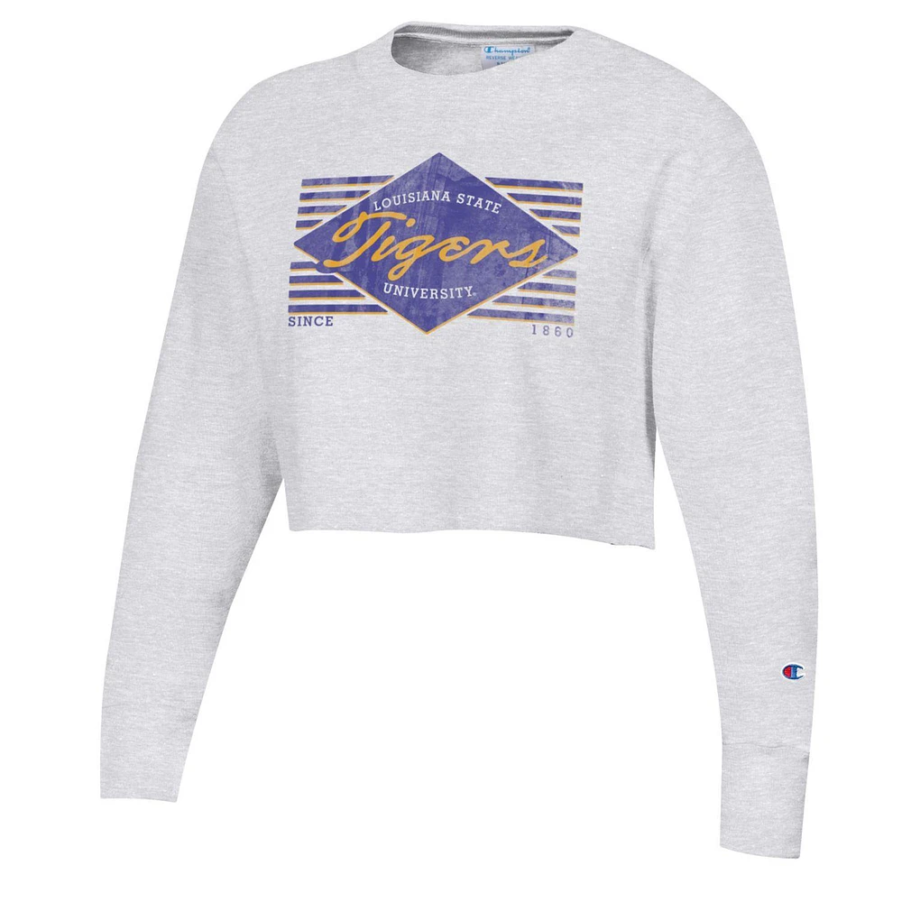 Women's Champion Heather Gray LSU Tigers Reverse Weave Cropped Pullover Sweatshirt