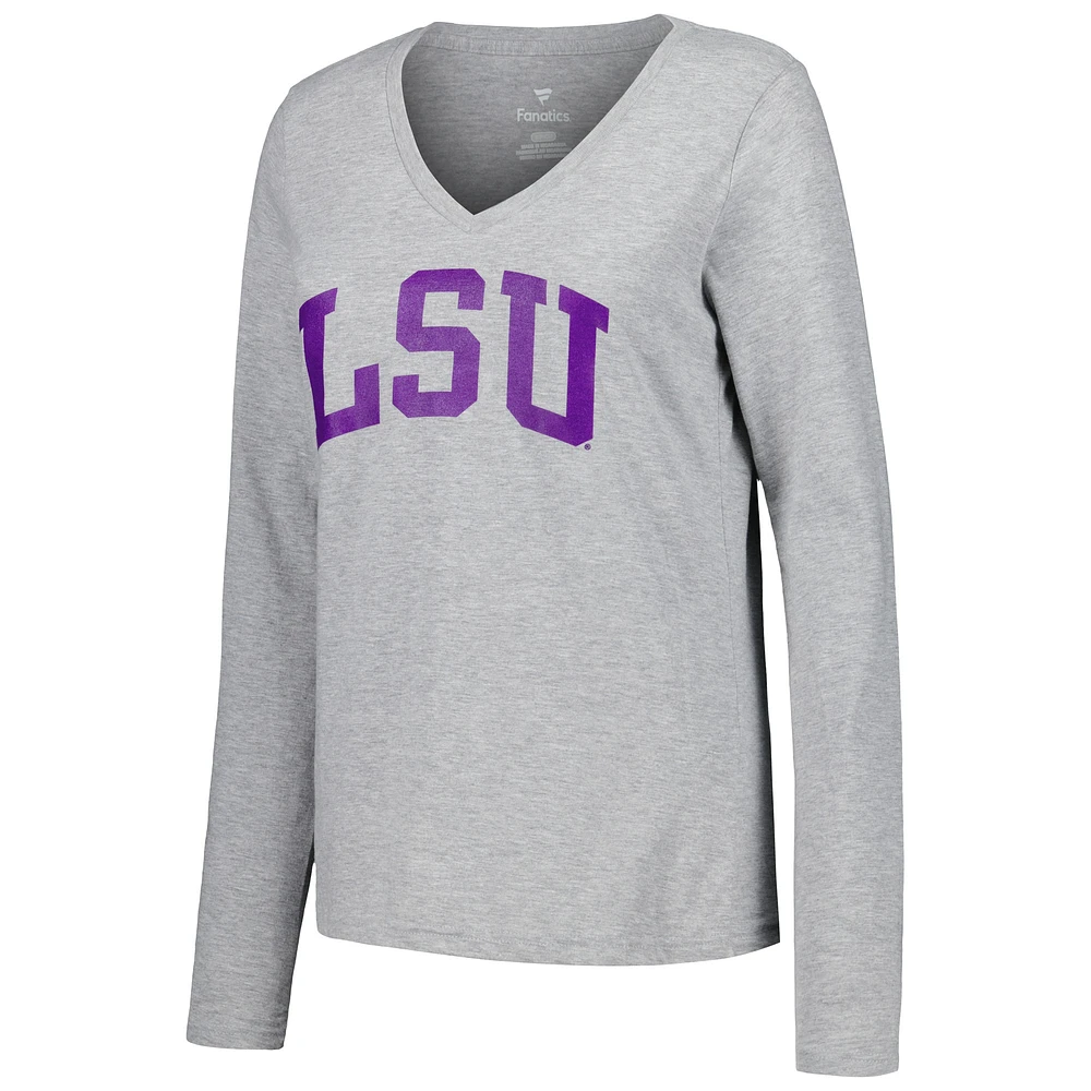 T-shirt à manches longues et col en V Fanatics Heather Grey LSU Tigers Basic Arch pour femmes