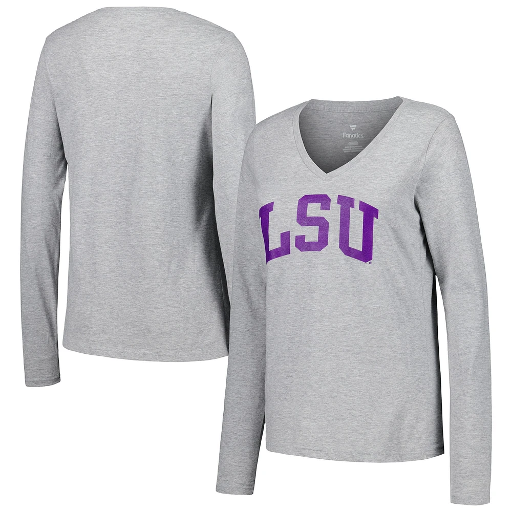 T-shirt à manches longues et col en V Fanatics Heather Grey LSU Tigers Basic Arch pour femmes