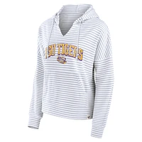 Women's Fanatics White/Gray LSU Tigers Arch Logo Striped Notch Neck Pullover Hoodie