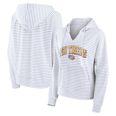 Women's Fanatics White/Gray LSU Tigers Arch Logo Striped Notch Neck Pullover Hoodie