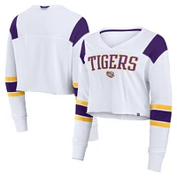 Women's Fanatics White LSU Tigers Training Camp Cropped Long Sleeve V-Neck Fashion Top