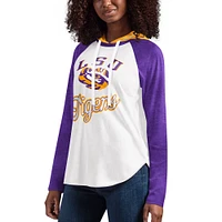 T-shirt à capuche manches longues raglan G-III 4Her by Carl Banks blanc/violet LSU Tigers From the Sideline pour femme