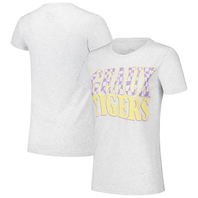 Women's Heather Gray LSU Tigers Checkered Team Name Wavy Tri-Blend T-Shirt