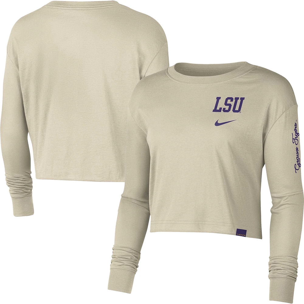 Haut court à manches longues Nike LSU Tigers Varsity Letter pour femme crème