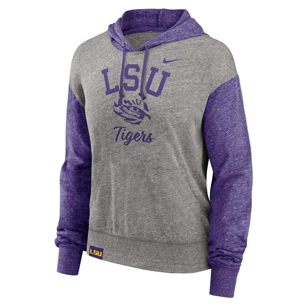 Sweat à capuche Nike LSU Tigers Blitz Color Block Legacy pour femme, gris chiné/violet