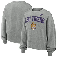 Women's Nike Heather Gray LSU Tigers Legacy Fleece Classic Arch Oversized Cropped Tackle Twill Sweatshirt