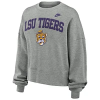 Women's Nike Heather Gray LSU Tigers Legacy Fleece Classic Arch Oversized Cropped Tackle Twill Sweatshirt