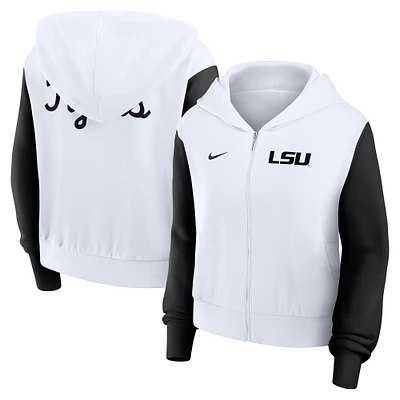 Sweat à capuche Nike blanc LSU Tigers Cropped Beyond Capability pour femme, entièrement zippé, avec inscription color-block