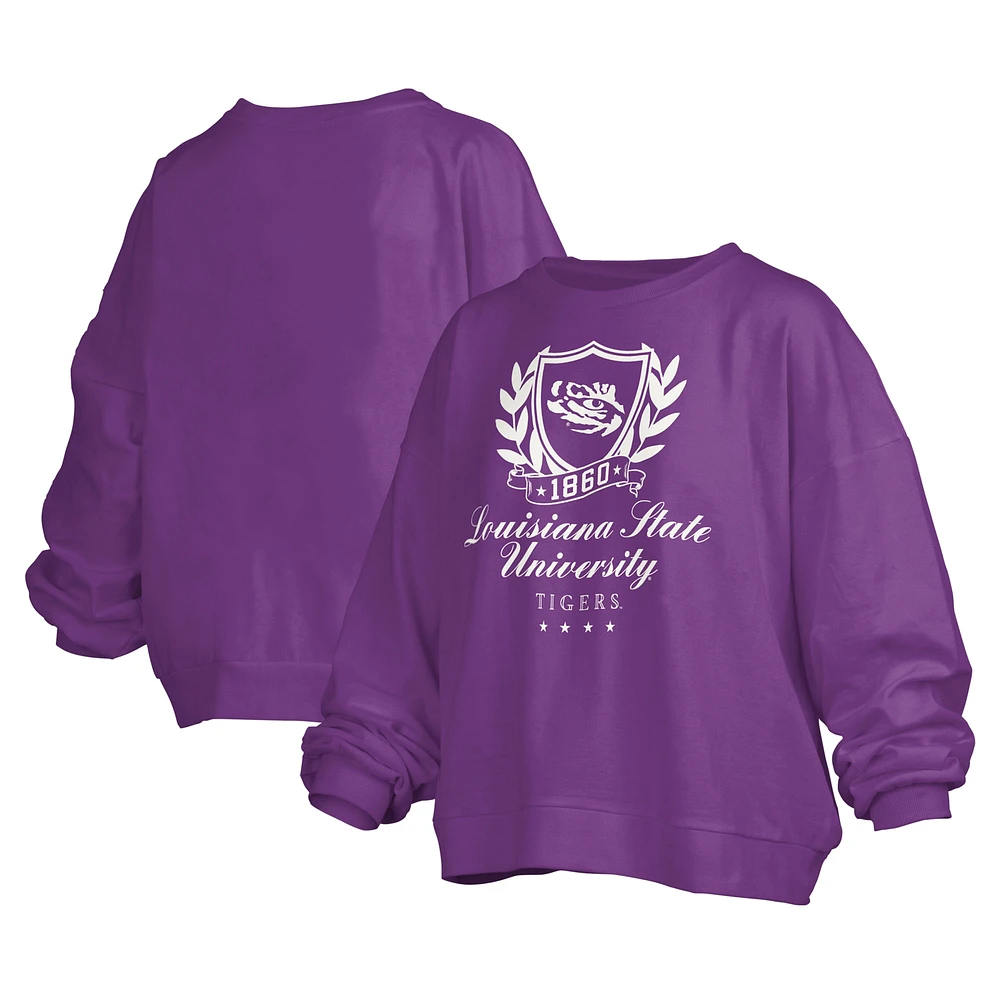 Women's Pressbox Purple LSU Tigers Big Aug Script Janice Oversized Pullover Sweatshirt