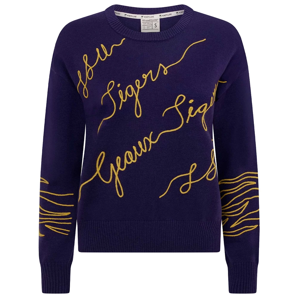 Women's Purple LSU Tigers Love Note Embroidered Sweater