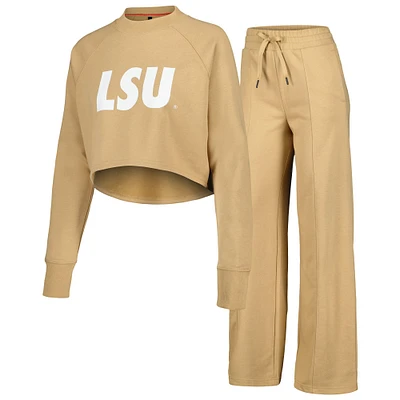 Ensemble sweat-shirt court et pantalon de survêtement raglan LSU Tigers pour femmes, beige