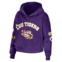 Women's WEAR by Erin Andrews Purple LSU Tigers Mixed Media Cropped Pullover Hoodie
