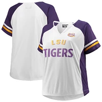 Women's White LSU Tigers Plus Stripe Raglan Notch Neck T-Shirt