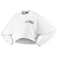 Women's White LSU Tigers Raw Hem Cropped Spirit Jersey Long Sleeve T-Shirt