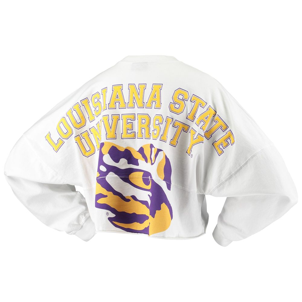 Women's White LSU Tigers Raw Hem Cropped Spirit Jersey Long Sleeve T-Shirt