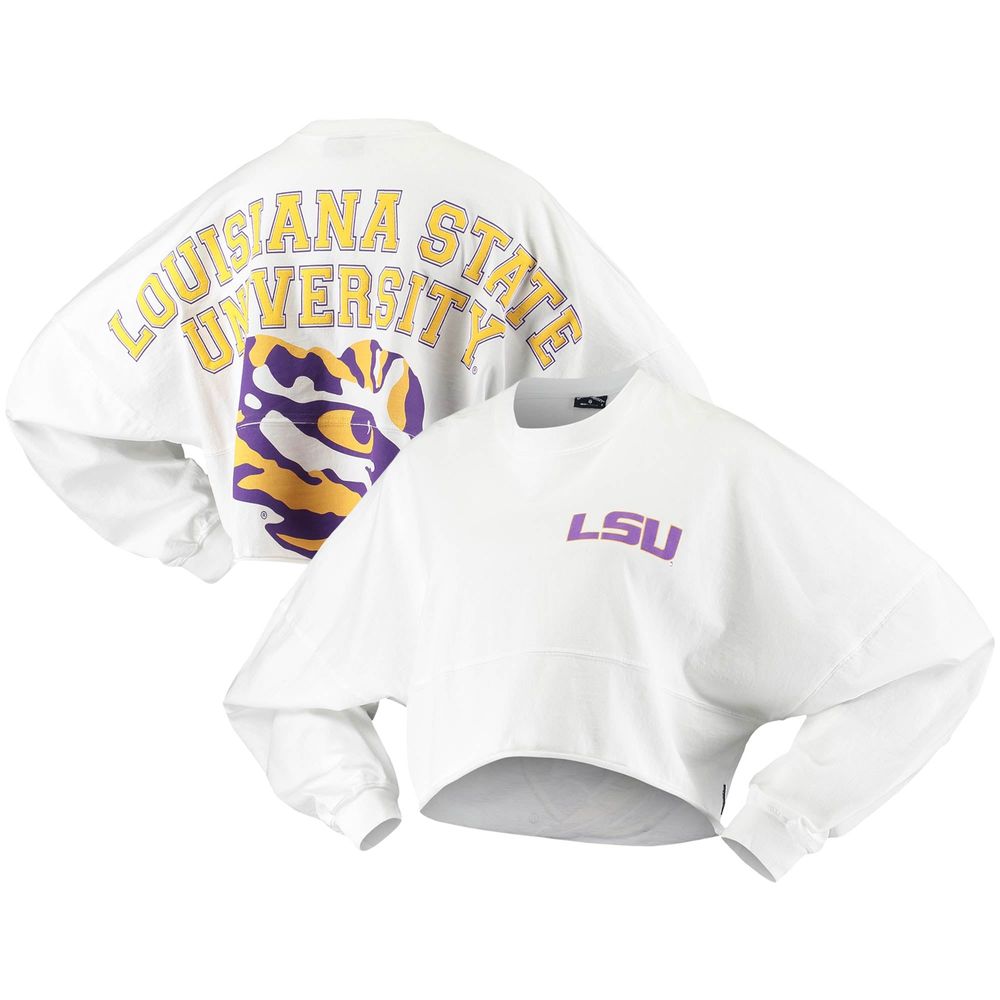 Women's White LSU Tigers Raw Hem Cropped Spirit Jersey Long Sleeve T-Shirt