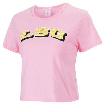 Women's ZooZatz Pink LSU Tigers Gingham Logo Cropped T-Shirt