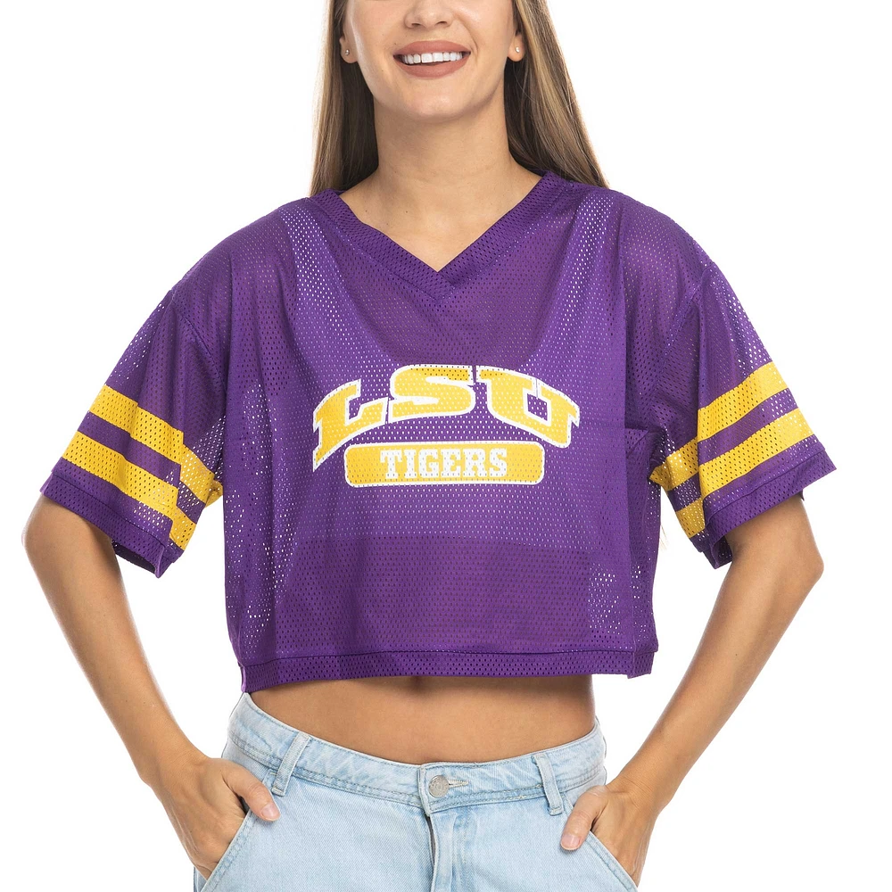 Women's ZooZatz Purple LSU Tigers Mesh Cropped V-Neck T-Shirt