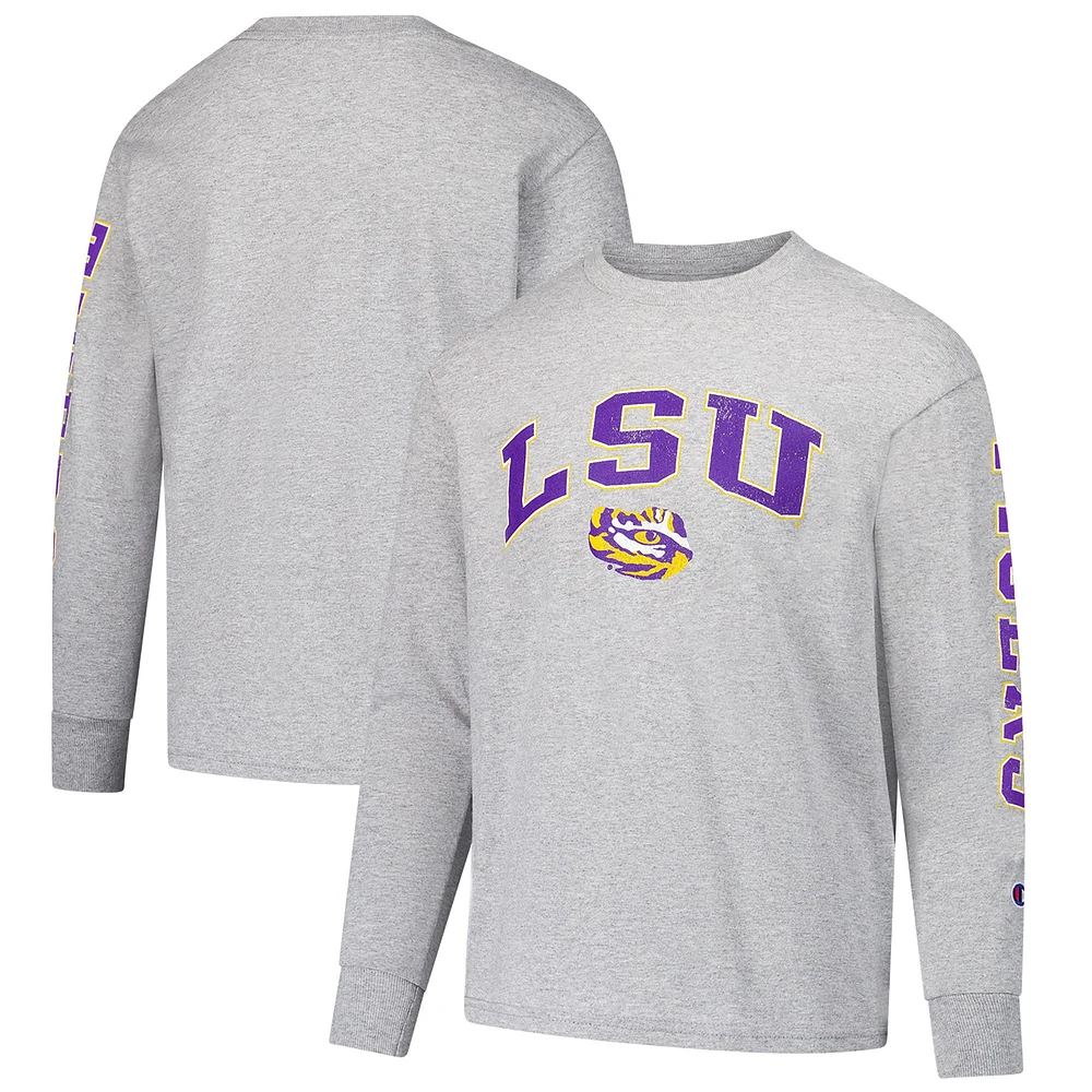 Youth Champion Gray LSU Tigers Distressed Arch Over Logo Long Sleeve T-Shirt