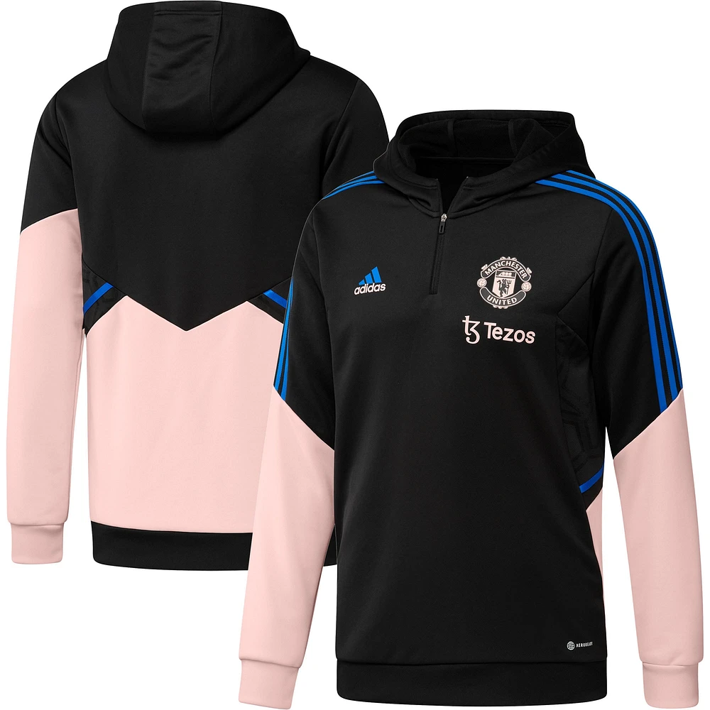 Sweat à capuche adidas Manchester United Training AEROREADY Quarter-Zip noir/rose pour homme