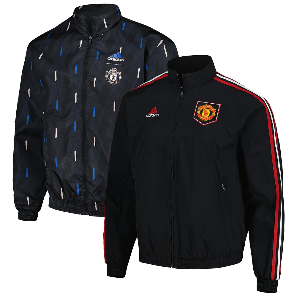 Veste adidas Manchester United 2022/23 On-Field Team Logo Anthem réversible avec fermeture éclair intégrale pour homme - Noir