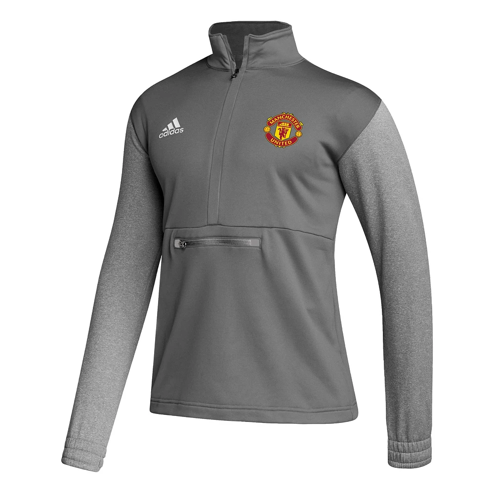 Haut à manches longues et demi-zip adidas Manchester United Crest pour hommes, gris