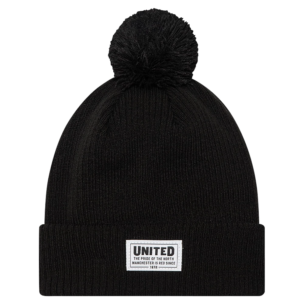 Bonnet en tricot à revers avec patch Stitch Manchester United New Era noir avec pompon