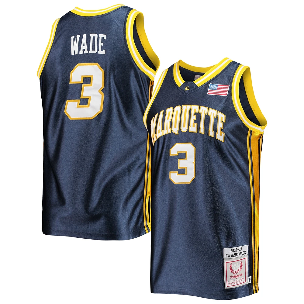 Maillot Mitchell & Ness Dwyane Wade Navy Marquette Golden Eagles 2002/03 authentique pour hommes