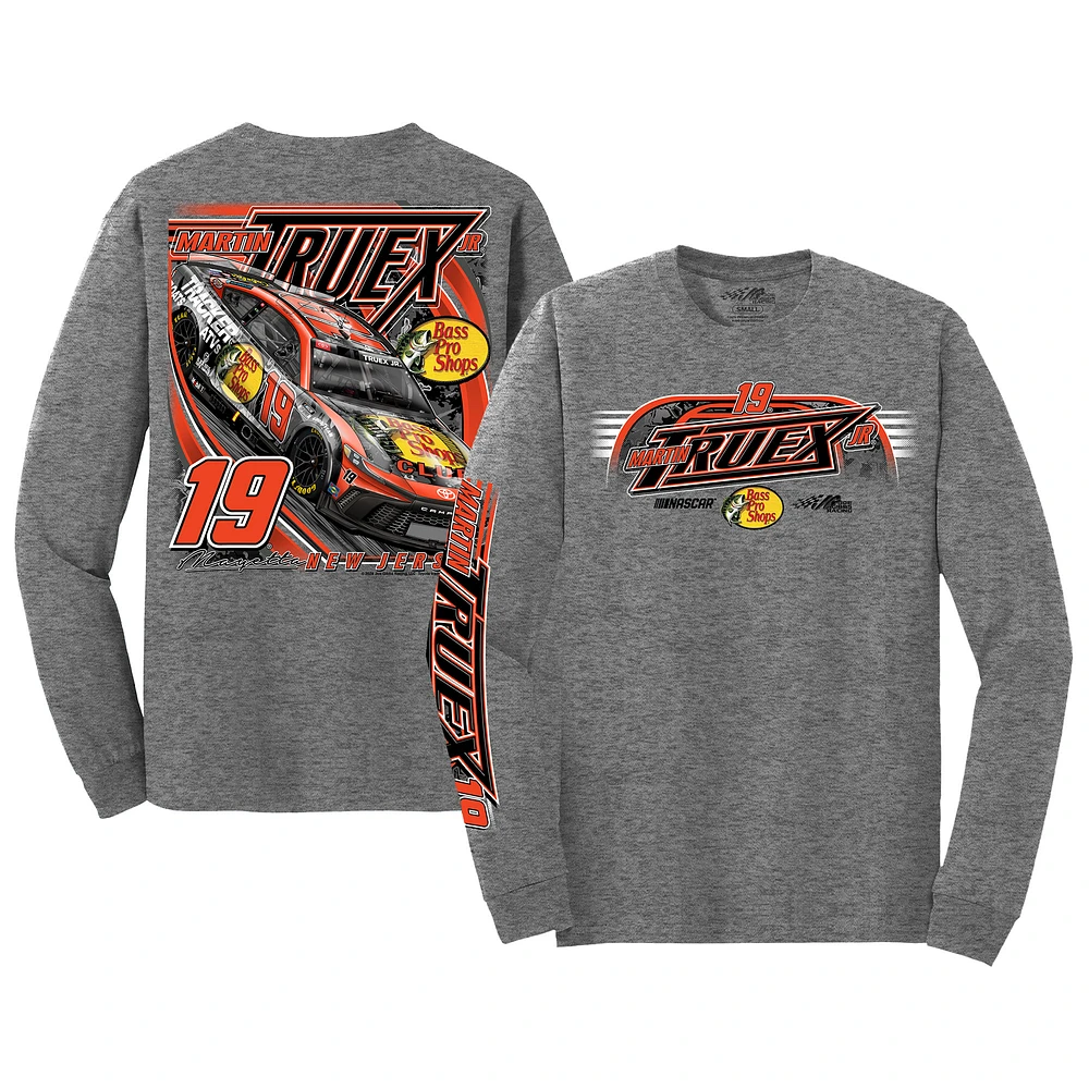 T-shirt à manches longues pour hommes Joe Gibbs Racing Team Collection Heather Charcoal Martin Truex Jr Bass Pro Shops Car