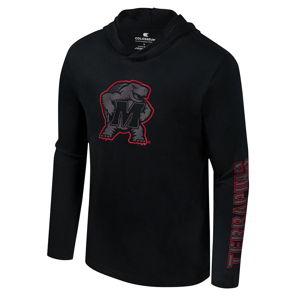Men's Colosseum Black Maryland Terrapins Color Pop Active Blend 2-Hit Long Sleeve Hooded T-Shirt